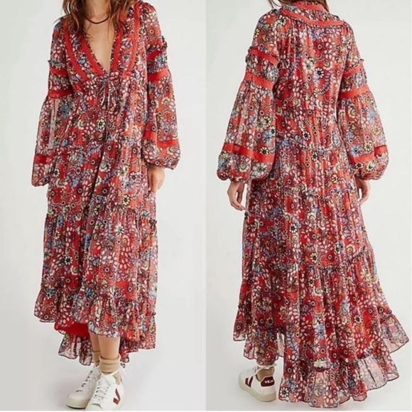 Free People Cassis Printed Chiffon Midi Dress Sz XS Floral Lattice Puff Sleeve - Picture 5 of 6
